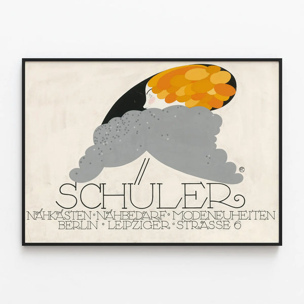 Vintage poster SCHULER fashion and couture illustration — framed artwork on a wall