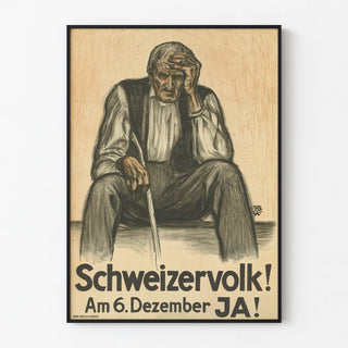 Vintage Swiss poster December 6 - Illustration of an elderly man sitting