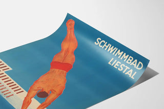 Vintage poster of Liestal swimming pool diver in action