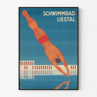 Vintage poster of Liestal swimming pool diver in action