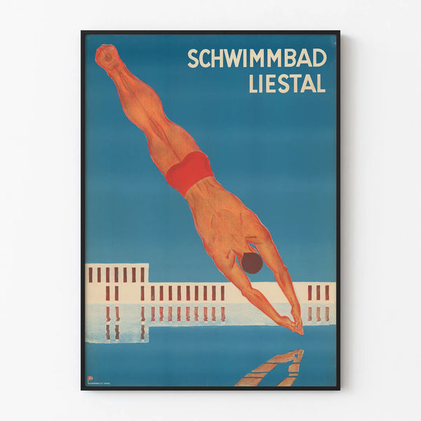 Vintage poster of Liestal swimming pool diver in action