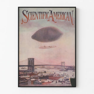 Vintage Scientific American poster with hot air balloon flying over the Brooklyn Bridge