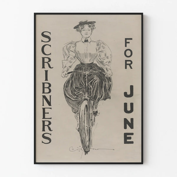 Vintage Scribners poster for June with woman cycling