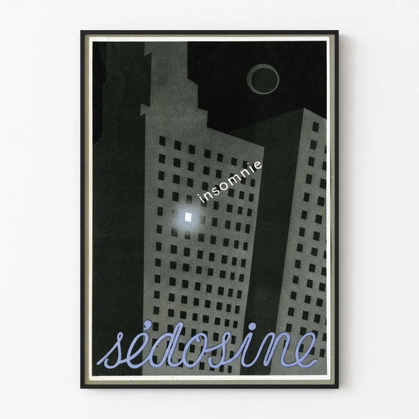Art Deco Poster Buildings at Night with Text Insomnia
