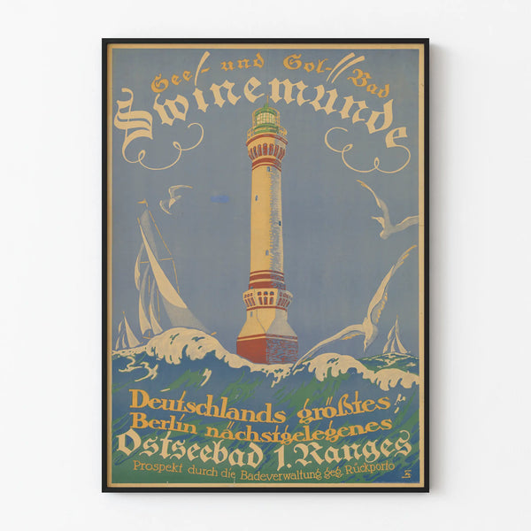 Vintage poster See- und Solbad Swinemünde with lighthouse and waves