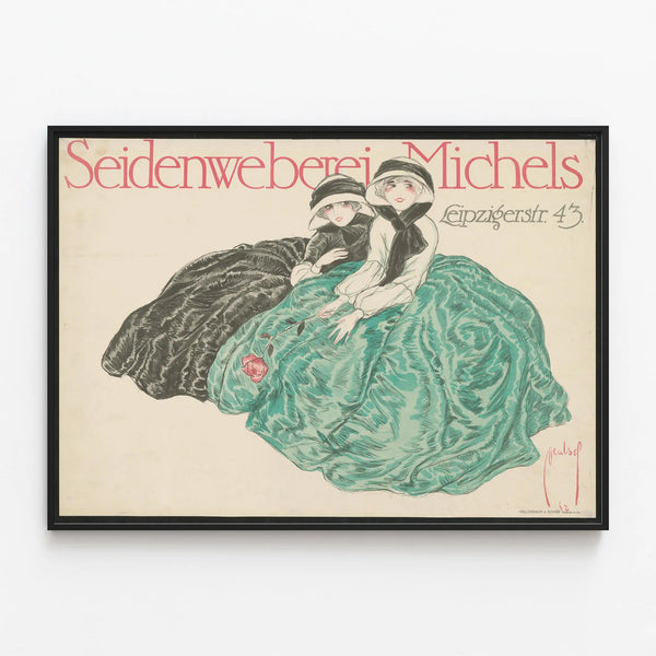 Vintage poster Seidenweberei Michels for wall decoration — framed artwork on a wall