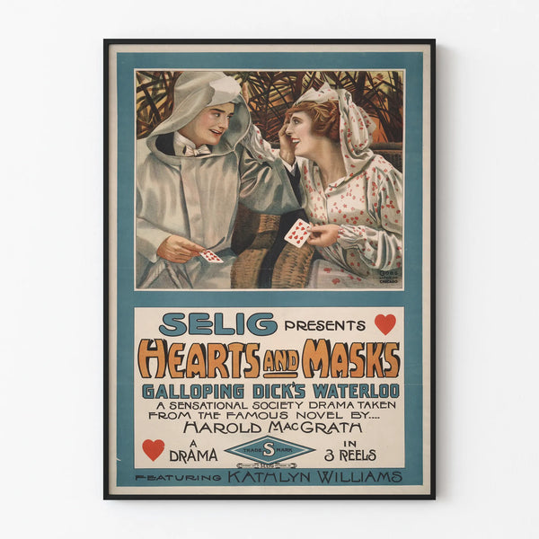 Vintage Poster Hearts and Masks - Classic Cinema Wall Decoration