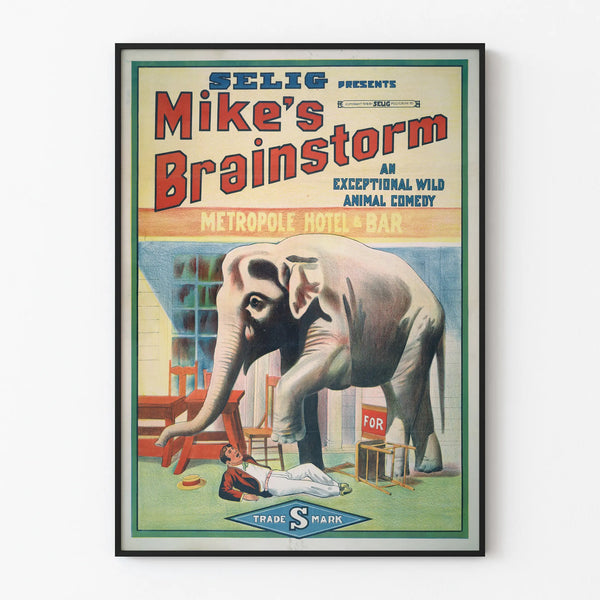 Vintage poster of Mike's Brainstorm with a humorous elephant