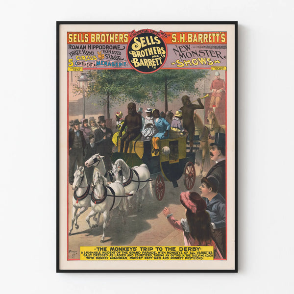 Vintage poster of Sells Brothers and Barrett - The Monkey's Journey to the Derby