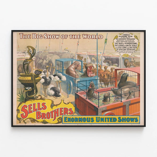 Vintage poster Sells Brothers Enormous United Shows - Animal wall decoration — framed artwork on a wall
