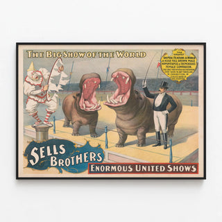 Vintage Circus Sells Brothers Poster with Giant Hippopotamuses — framed artwork on a wall