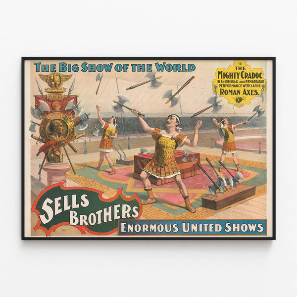 Vintage poster Sells Brothers Enormous United Shows - The Mighty Cradoc and the Great Roman Axes — framed artwork on a wall