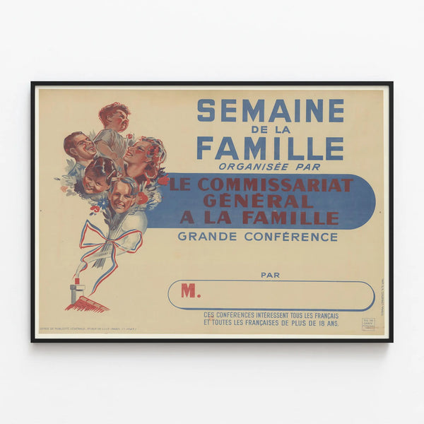 Vintage poster for Family Week by the General Commissariat for Family Affairs — framed artwork on a wall