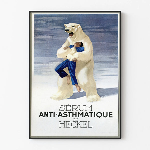 Vintage poster of Heckel's Anti-Asthmatic Serum with polar bear