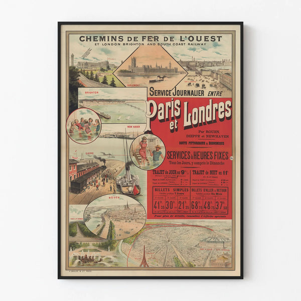 Vintage poster of daily service Paris London - Western Railway