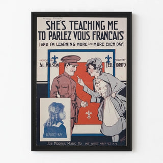 Vintage poster of French language teaching with soldier and young girl