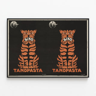 Vintage Poster Siko Toothpaste Tiger Orange on Black Background — framed artwork on a wall