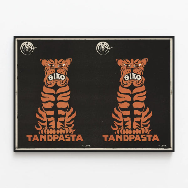 Vintage Poster Siko Toothpaste Tiger Orange on Black Background — framed artwork on a wall