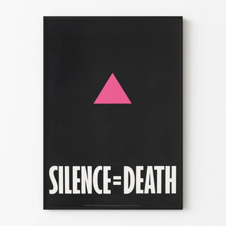 Poster Silence = Death with pink triangle on black background