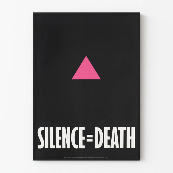 Poster Silence = Death with pink triangle on black background