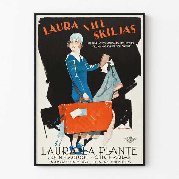 Vintage decorative poster of Laura La Plante in a blue dress with a red suitcase