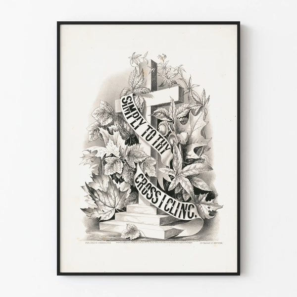 Decorative poster with cross, foliage, and vintage text