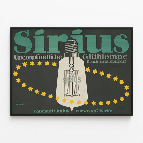 Vintage advertising poster for unbreakable Sirius light bulb – industrial wall decoration — framed artwork on a wall