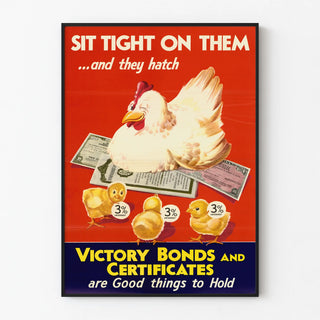 Vintage poster promoting Victory Bonds with hen and chicks