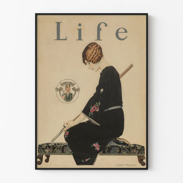 Vintage poster of a women's fashion designer with decorative scissors
