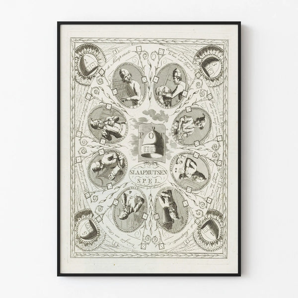 Vintage poster of the board game Slaapmutsen Spel in black and white