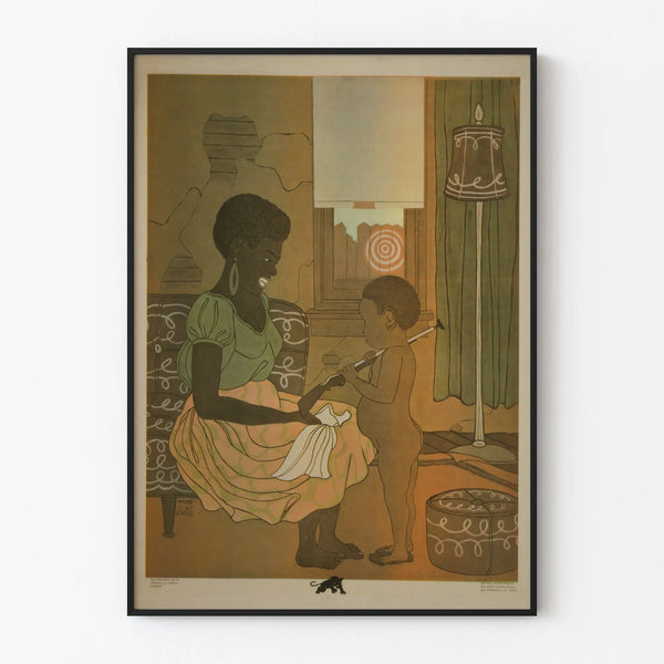 Decorative poster of a smiling mother with child and toy rifle