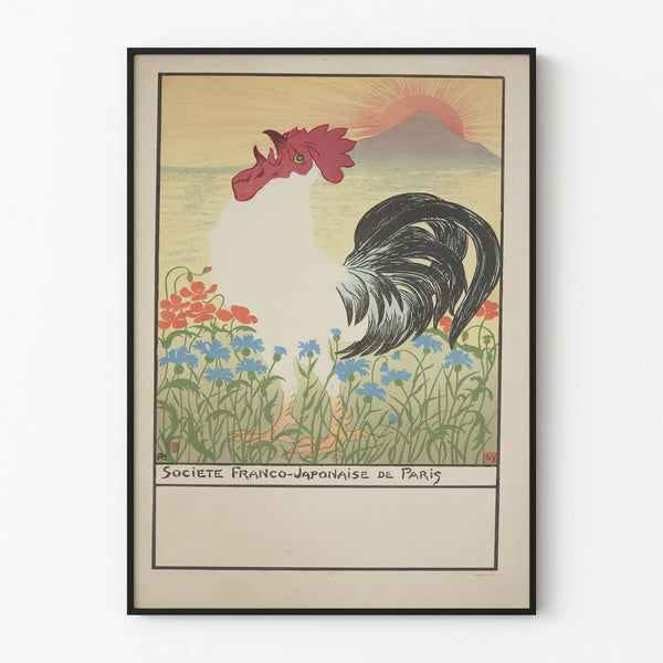 Decorative poster of the Franco-Japanese Society of Paris with rooster and Mount Fuji