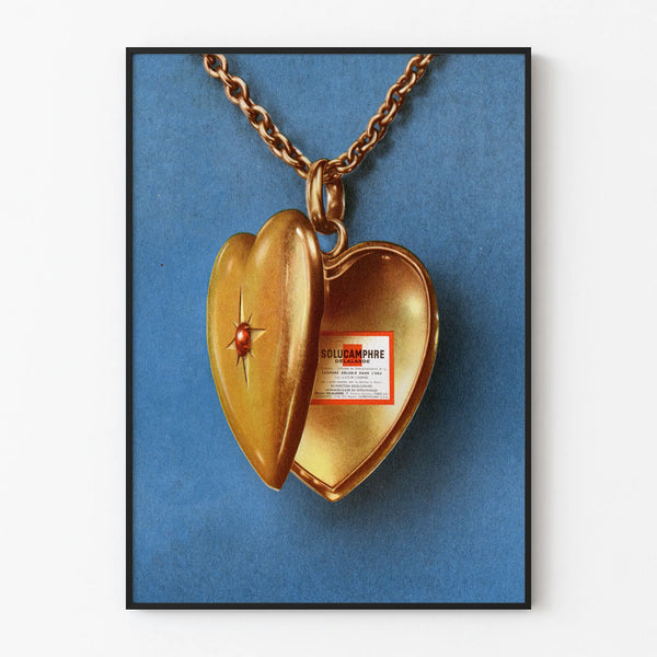 Vintage Poster Heart Medallion Necklace with Gold Solucamphre
