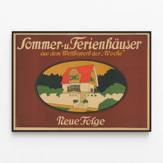Vintage poster of summer and holiday houses — framed artwork on a wall