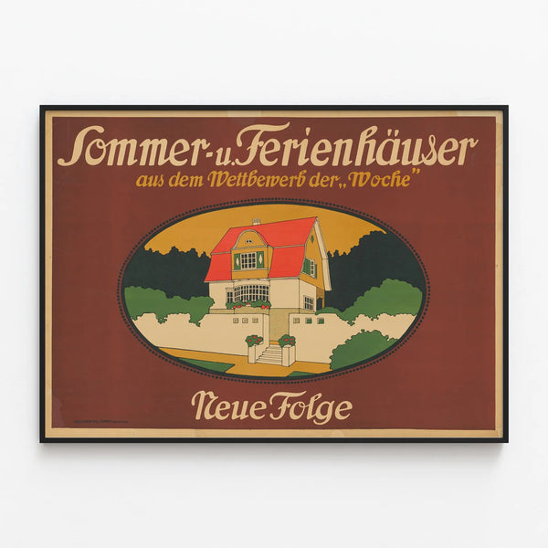 Vintage poster of summer and holiday houses — framed artwork on a wall