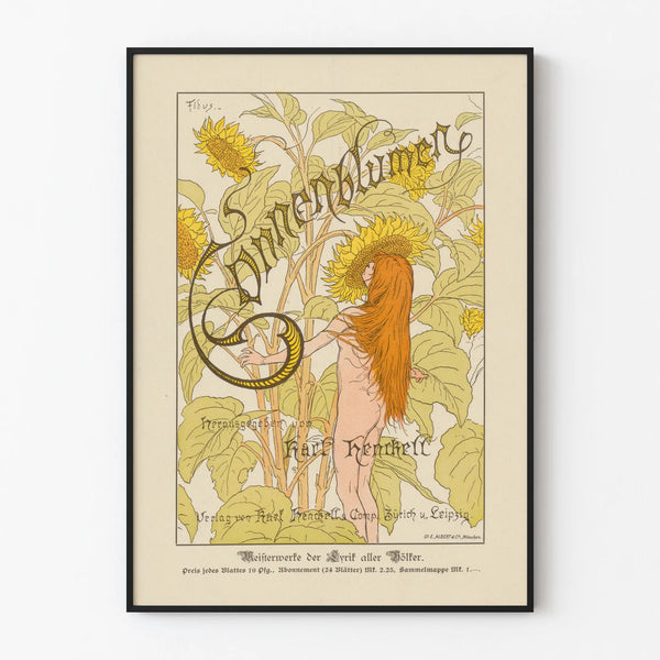 Art Nouveau Poster Sunflowers and Nude Woman by Fidus