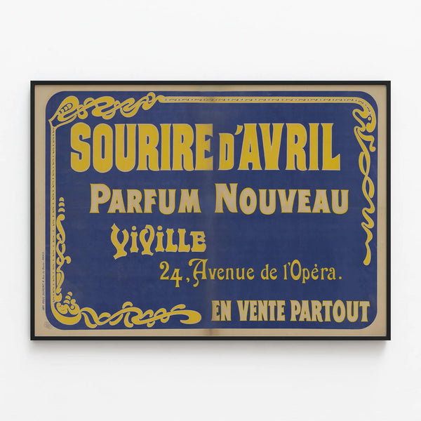 Vintage poster Sourire d'Avril New Perfume Viville — framed artwork on a wall
