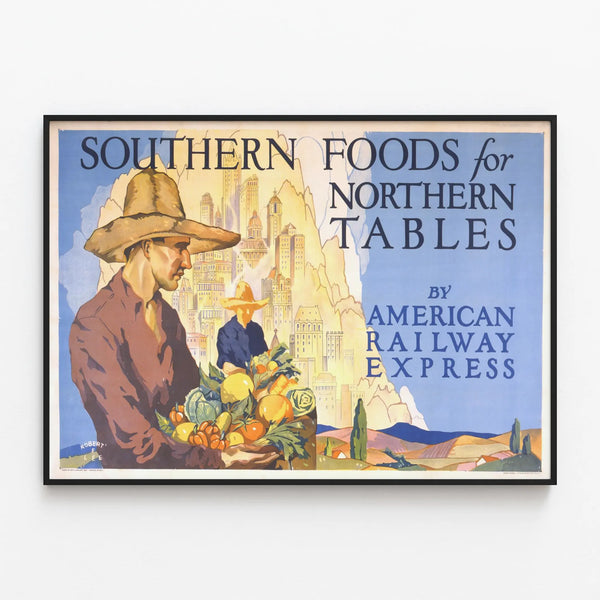 Vintage Poster Southern Foods for Northern Tables by American Railway Express — framed artwork on a wall