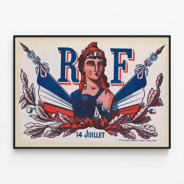 Vintage poster of July 14th flag distribution — framed artwork on a wall