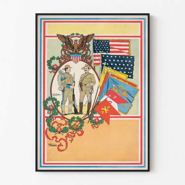Vintage Military Poster of Soldiers and American Flags