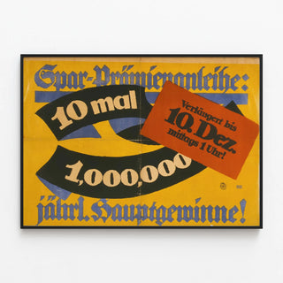 Vintage poster Spar-Prämienanleihe 10 times 1,000,000 main prizes — framed artwork on a wall
