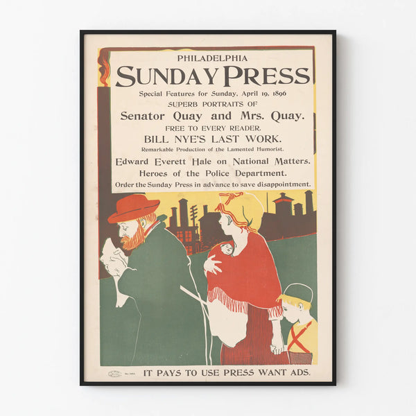 Vintage Poster Philadelphia Sunday Press 1896 Authentic Wall Decoration