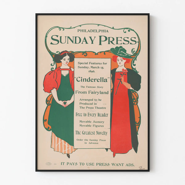 Vintage Poster Philadelphia Sunday Press - Cinderella Tale 1896