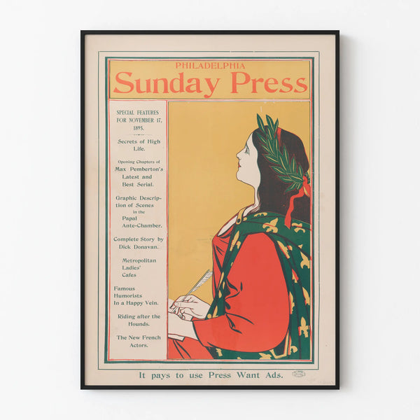 Vintage Philadelphia Sunday Press poster from 1895 for wall decoration