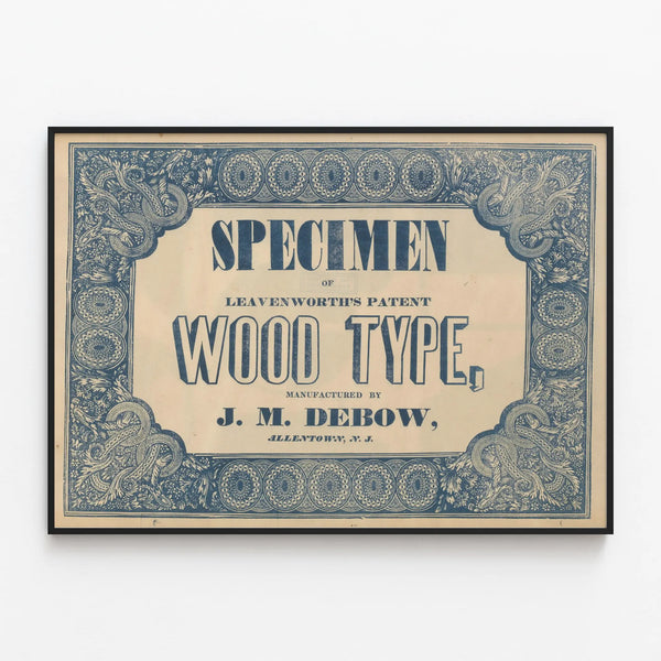 Vintage Poster Specimen of Leavenworth's Patent Wood Type — framed artwork on a wall