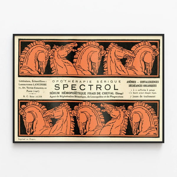 Vintage decorative poster SPECTROL with horse head motif — framed artwork on a wall