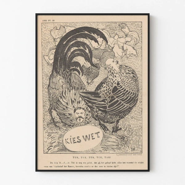 Vintage political caricature poster with chickens and human face