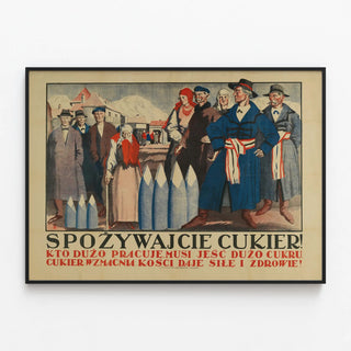 Vintage promotional poster on sugar consumption — framed artwork on a wall