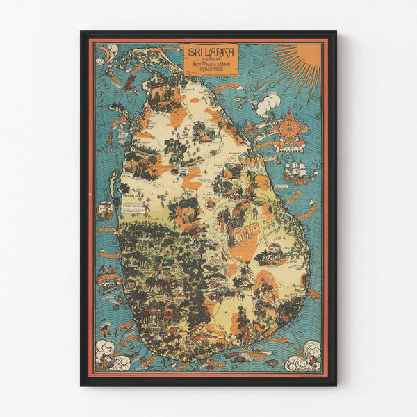 Vintage Sri Lanka Ceylon Map Poster of Tea and Industries