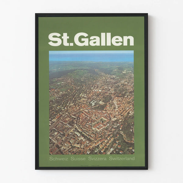 Vintage poster of St. Gallen, Switzerland - Aerial view of the city and surrounding countryside